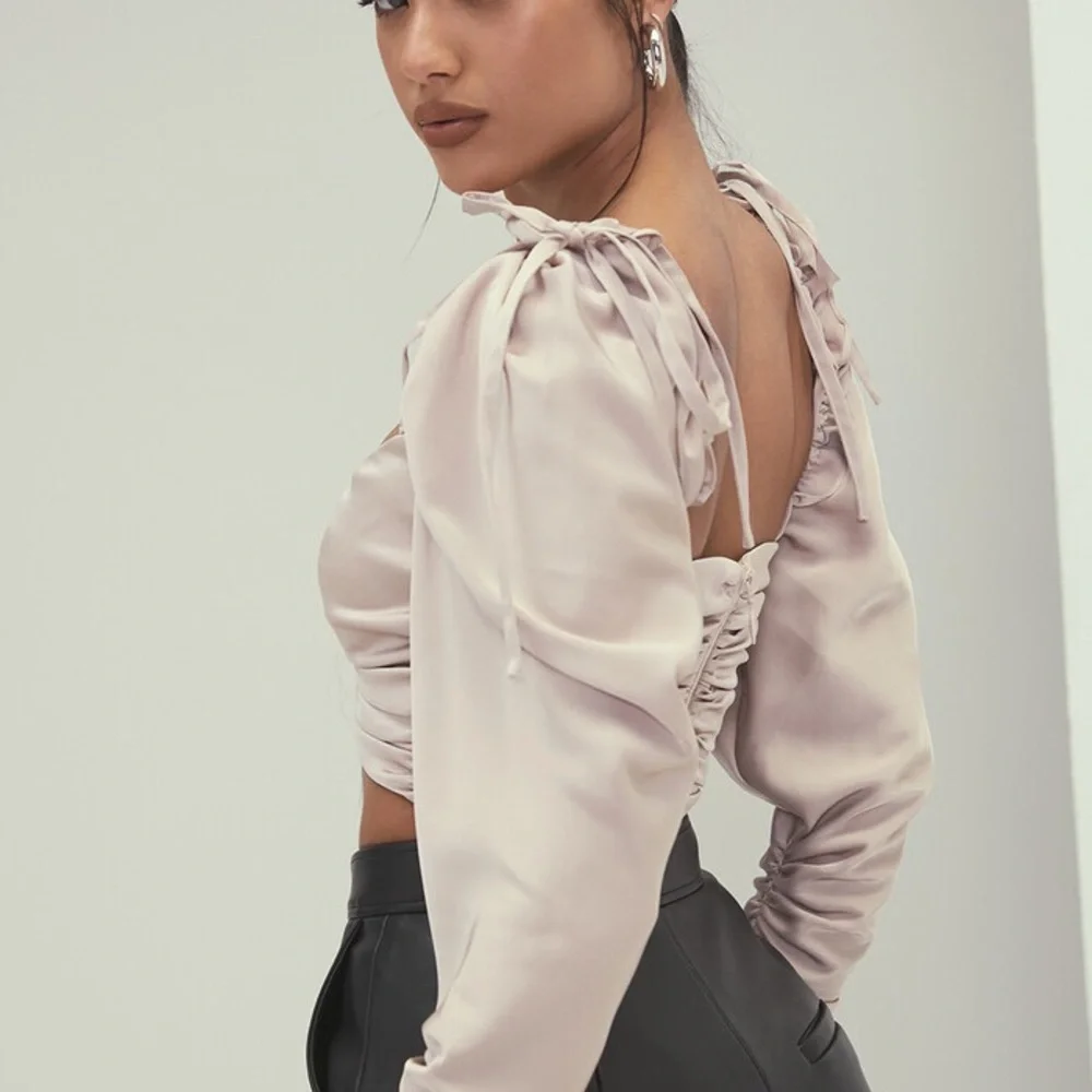 Mistress Rocks NWT 
Light Beige Satin Gathered Crop Top Small - Picture 2 of 8